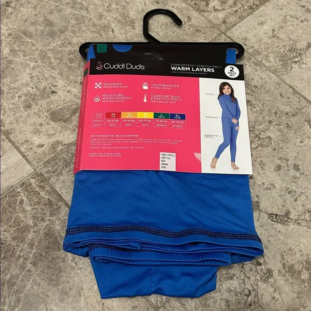 Cuddl Duds Warm Layers 2pc Mock Neck Leggings NEW Comfort Stretch Blue L 10/12